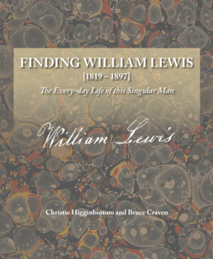 Finding William Lewis front cover: white text over a earth-toned, marble background